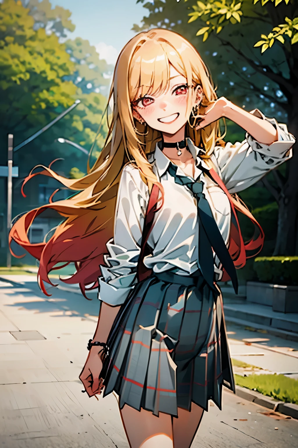 masterpiece, best quality, highres, kitagawa marin, 1girl, blonde hair, long hair, multicolored hair, red eyes, jewelry, earrings, piercing, school uniform, white shirt, tied shirt, black choker, blue necktie, plaid skirt, grin, smile, standing, cowboy shot, outdoors,