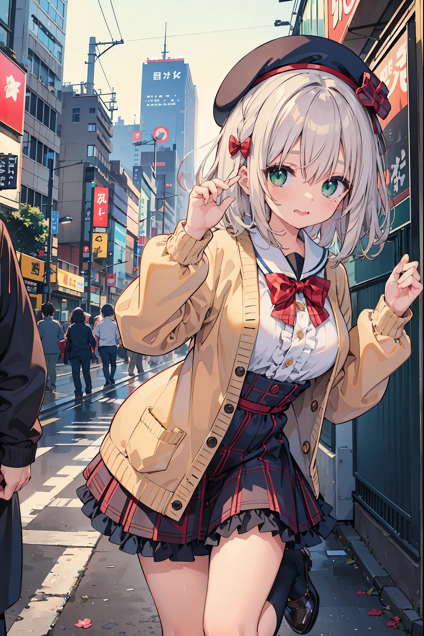 insanely detailed、disorganized、ultra high resolution、Super detailed、highest quality、 1 girl、solo、nice hands、Perfect hand breaking (Vintage style beret with flower pin:1.3)、(navy&red plaid dress:1.5)、(Gold buttons on the front:1.2)、(frills、Red bow tie、Ivory blouse:1.4)、(peach cardigan、cable knit patterns:1.3)、(Black tights:1.1)、(red mary jane shoes:1.2) destroy laugh、open your mouth、wavy mouth、 cute pose、cowboy shot、looking at the viewer breaking slender、cute、Perfectly symmetrical face、Super cute女の子、Super cute顔、Super detailedな目、Super detailedな髪、Super cute、super beautiful、 destroy harajuku、Shibuya、Tokyo、street、crowd、cityscape、 big breasts break (medium hair、Dark green eyes)、hair between eyes