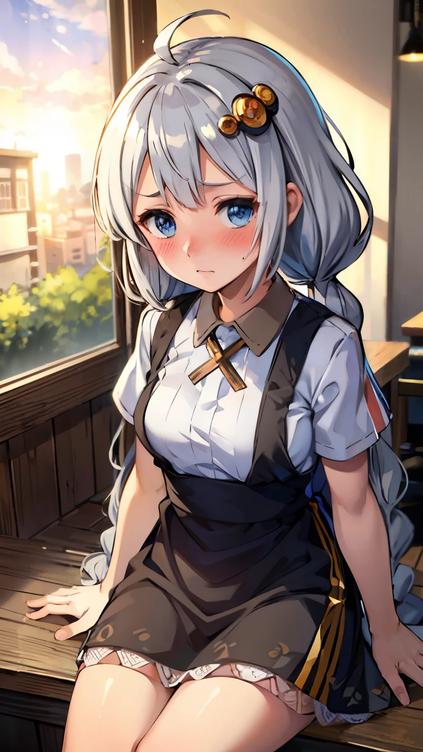 masterpiece,best quality,highres,ultra-detailed,aakari,blue eyes,long hair,ahoge,bangs,twin braids,hair ornament,clerk,embarrassed,blush,sitting,bar