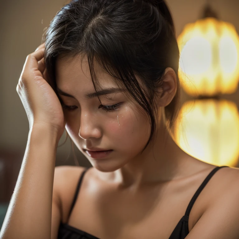 Oiled skin beauty girl, ((using smartphone)), detailed skin pore, focus on face, she is look worried and crying, grabbing her hair, and looking her smartphone, looks lonely, face looks like Amanda Cerny with apple cheek, Indonesian woman, cinematic dark, chubby-less.