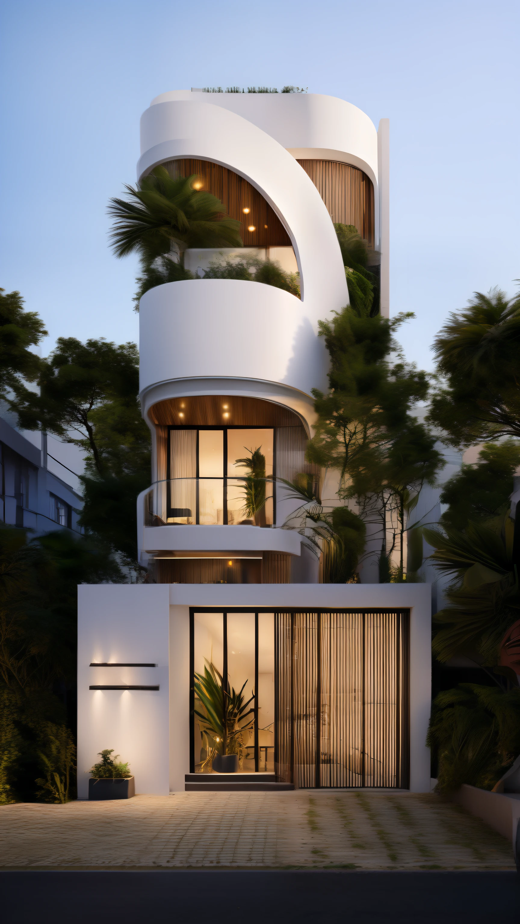 a rendering of a modern house with a circular balcony and a balcony, concept house, architectural visualisation, award-winning render, realistic architecture, rounded architecture, architectural render, high quality rendering, precise architectural rendering, highly rendered!!, very realistic 3 d render, stunning render, architectural visualization, realistic concept, a photorealistic rendering, exterior design, professional render, ultra modern