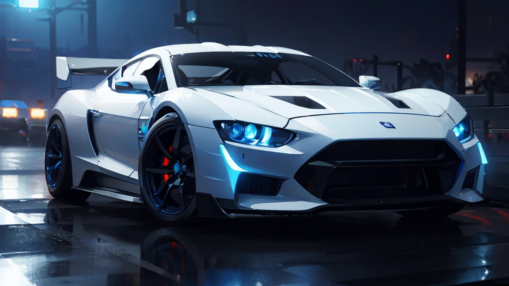 (white sports car, blue headlights, car racing), (cyberpunk, blue neon, blue smoke), (8k, extremaly detailed, lighting like a movie, lense flares)