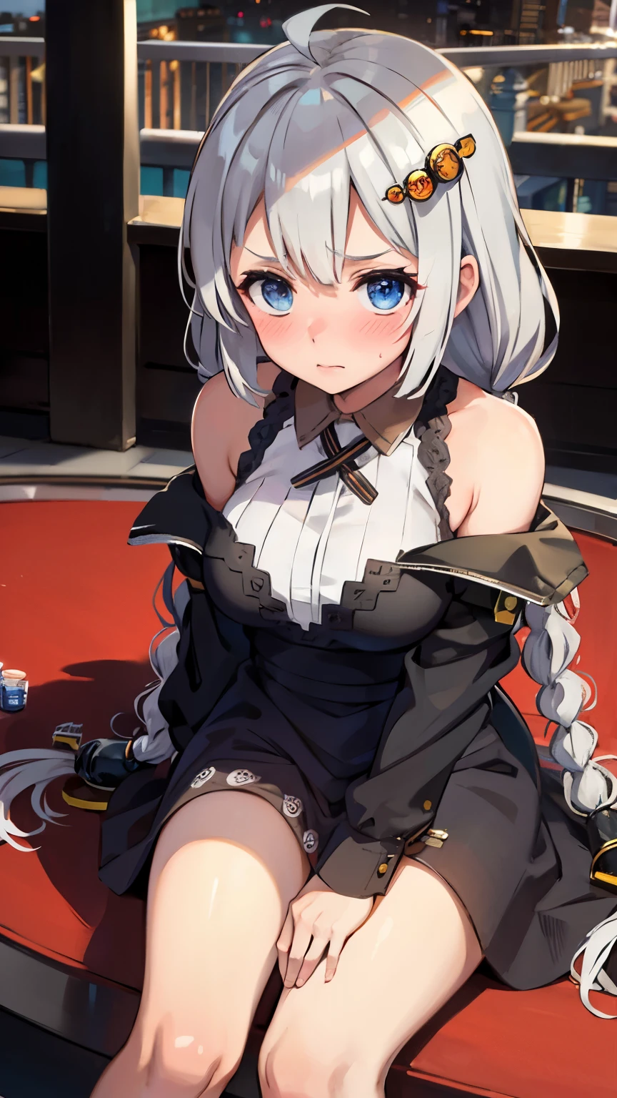 masterpiece,best quality,highres,ultra-detailed,aakari,blue eyes,long hair,ahoge,bangs,twin braids,hair ornament,clerk,casino,embarrassed,blush,sitting,