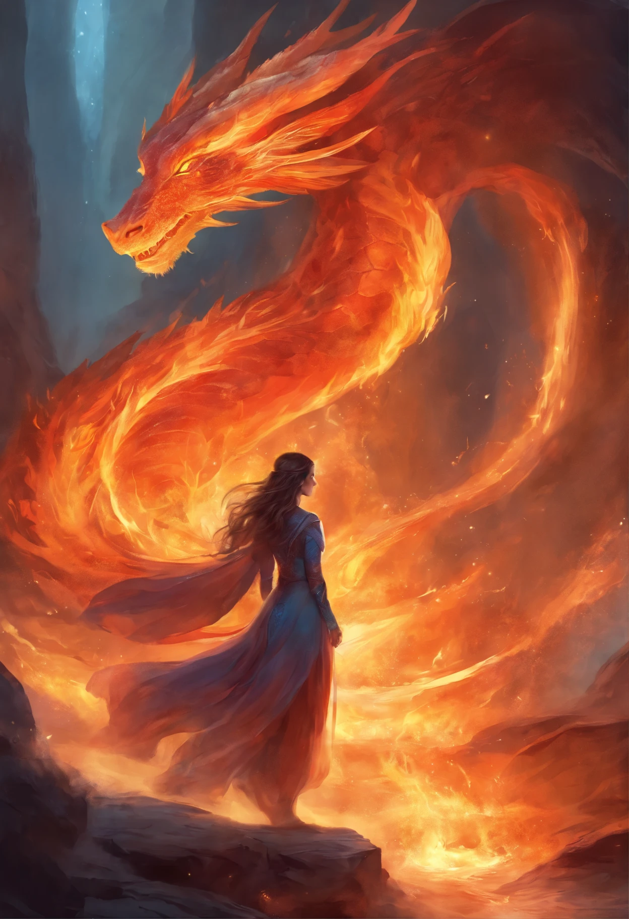 fire, cave, Fire Spirit, the Dragon, young woman