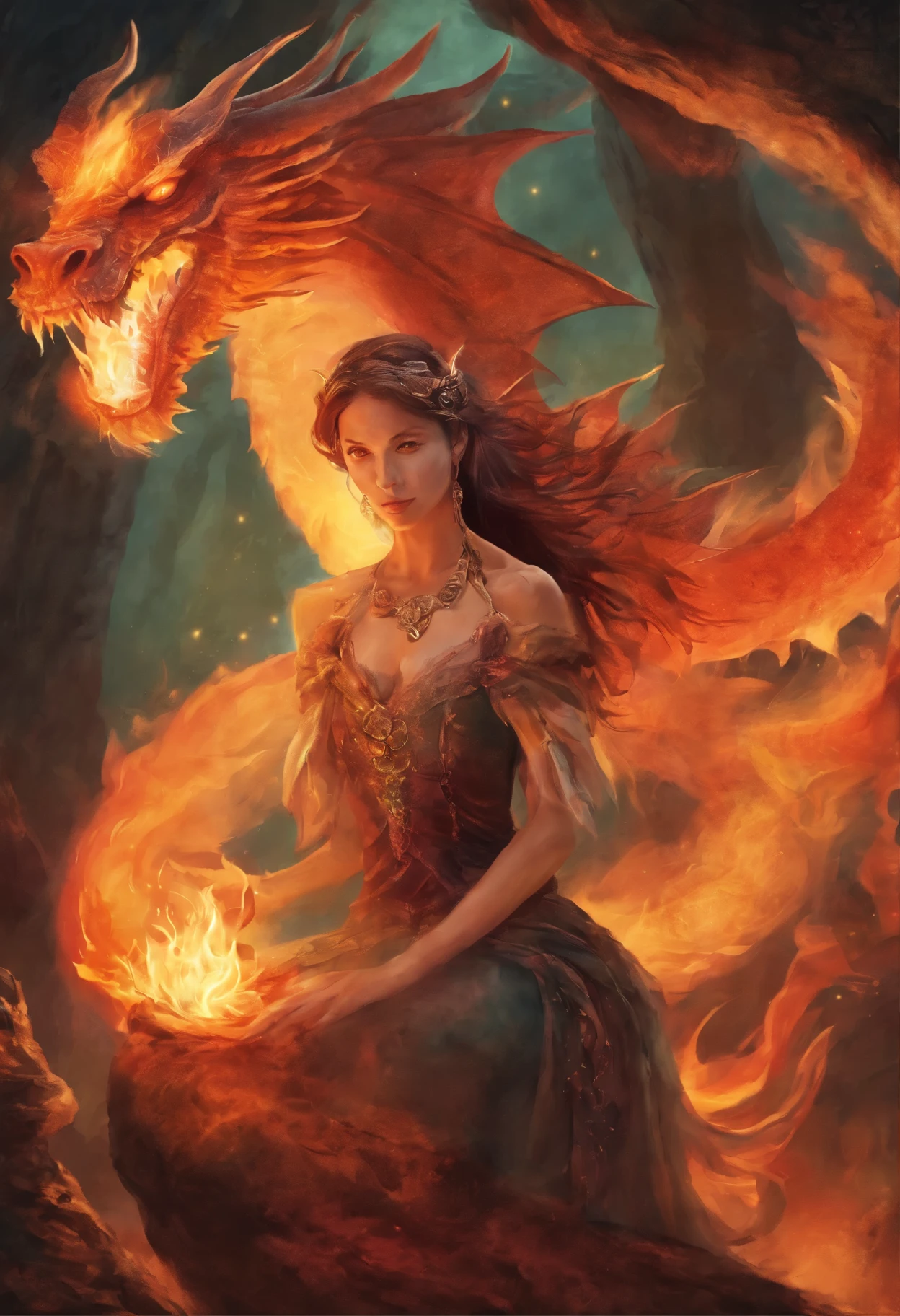 fire, cave, Fire Spirit, the Dragon, young woman