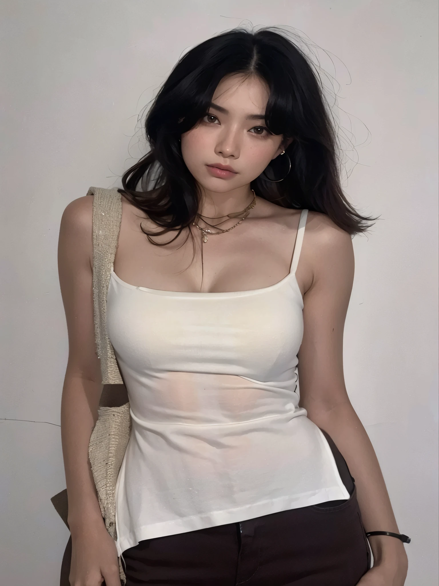 Arafida woman in a white tank top and brown pants posing for a photo, vestindo camisola branca, Topo branco, vestindo uma camisola, Ulzzang, foto de garota magra model, foto de garota magra, vestindo regata, vestindo uma regata, 2 modelo feminino de 4 anos, camiseta longa branca, pale porcelain white skin