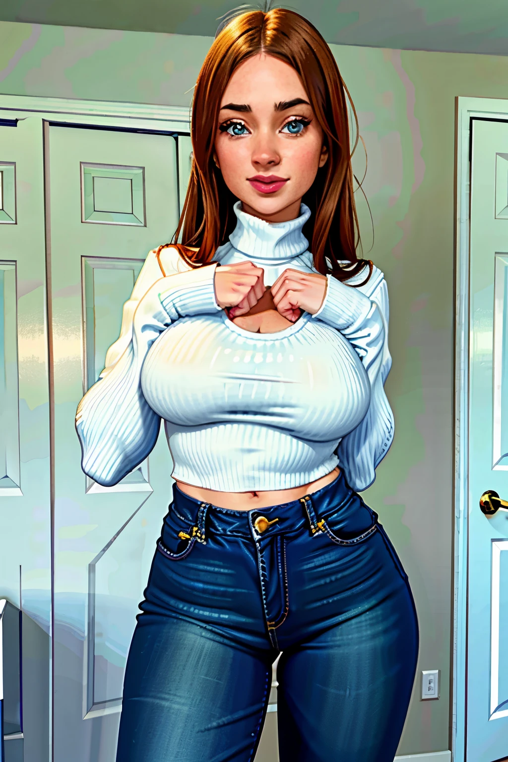 f3licity, a woman wearing turtleneck sweater and jeans, frio , bigfaketits, sexy, cintura fina, pernas grossas, nfsw