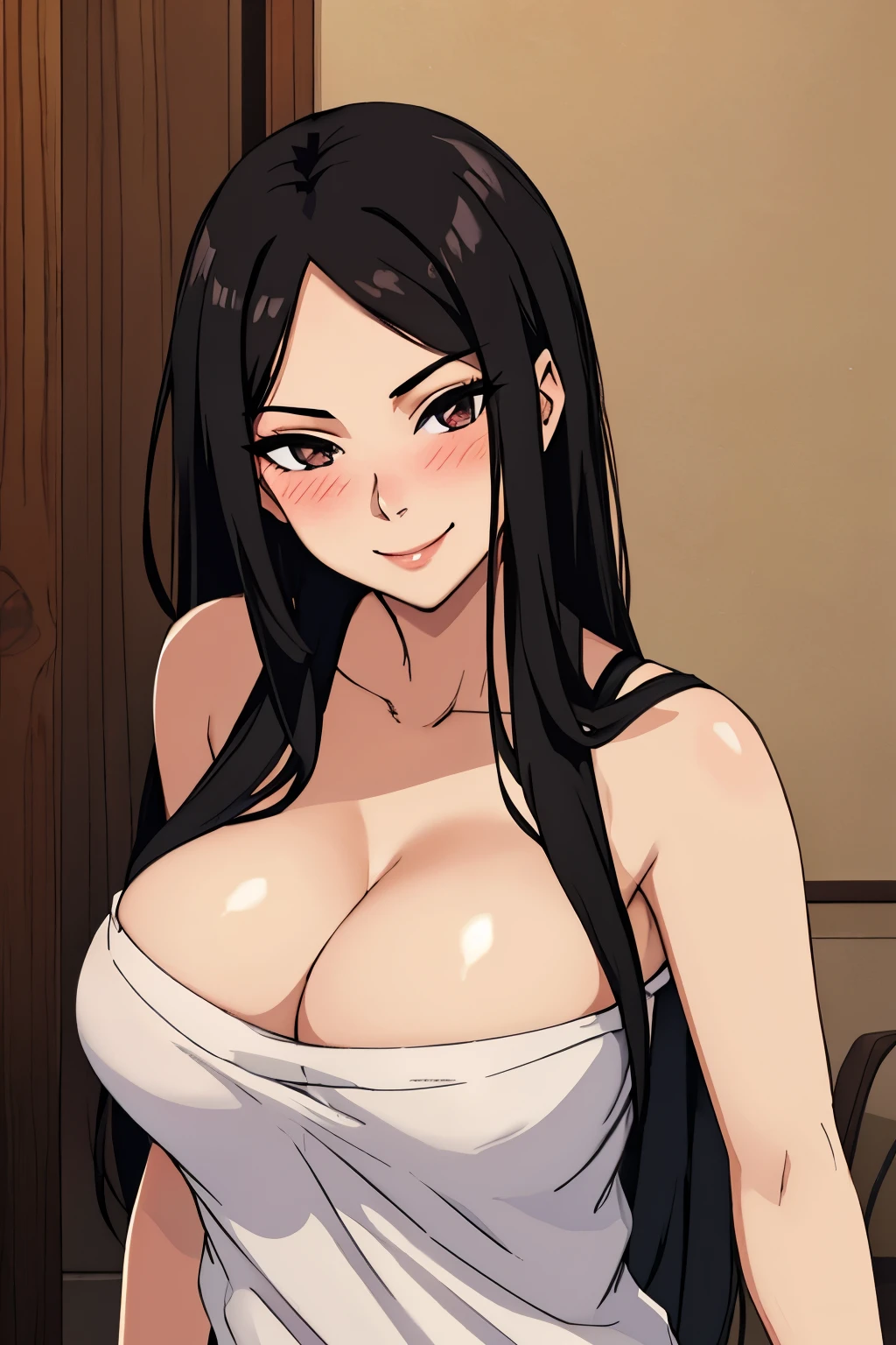 Sexy woman, long straight black hair, seductive gaze and smile, blushing intensely, bare shoulders, comfortable clothes, hot