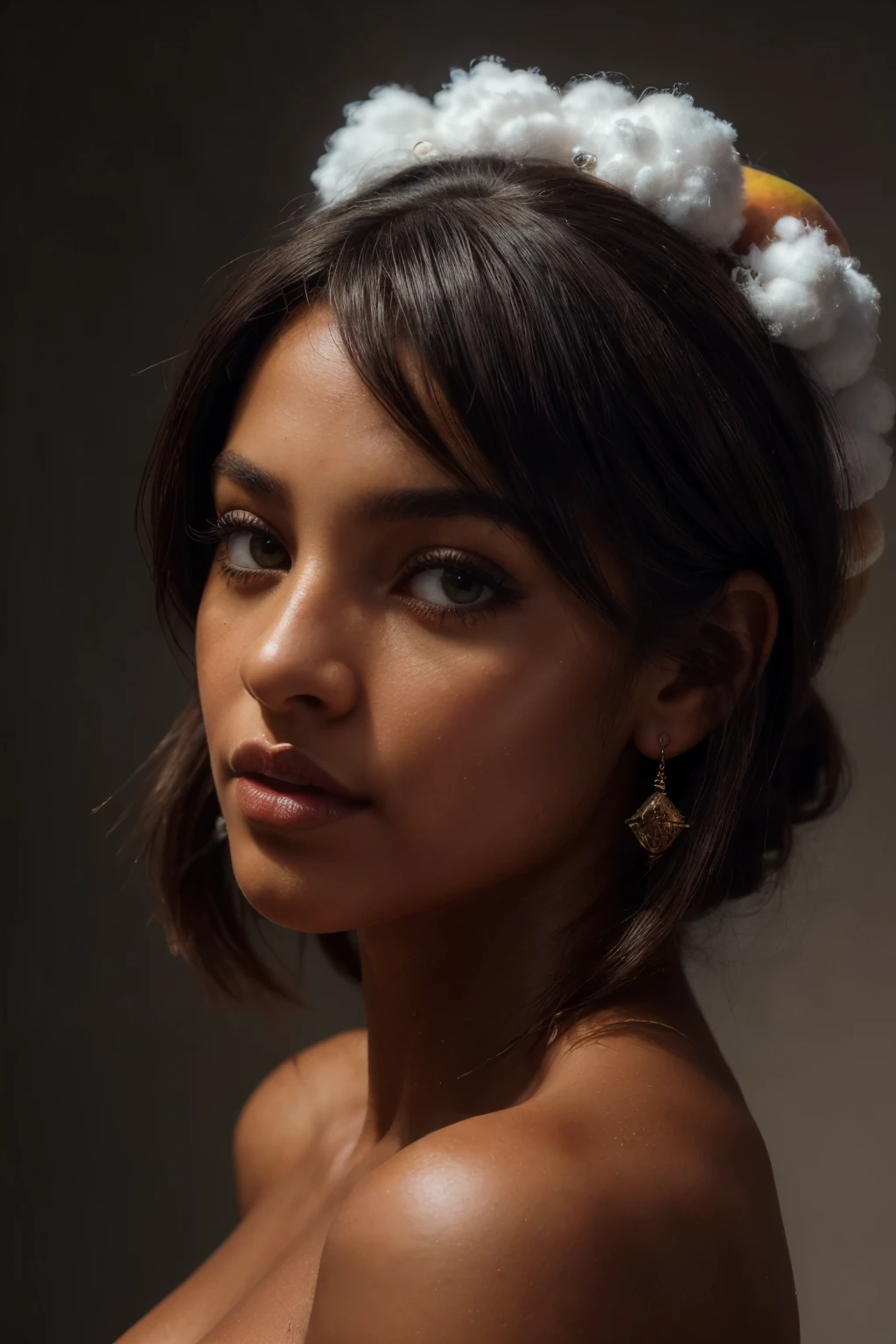 photo of beautiful (dark skin girl:1.5) in front of a cotton balls, fluffy giant cotton balls, like clouds, she's facing front to camera, skin is smooth and radiant, film quality, woman (ultra-realistic , she's in deep darkness ,soft accents, gorgeous rembrandt like lighting, (Rembrandt patch), photo with background of white cotton, clouds, miniature pine trees, (highest quality textured cotton ball backdrop), lush clouds with accent highlights(highest quality), Her luscious, natural pixie style dark hair, long bangs over her eyes, whisps of hair frame her face with an aura of allure. With striking eyes, adorned with long lashes, eyes, the color of rich deep colors, ancient seduction and passion. Finely detailed(Fine-grained), (highest detail skin texture peach-fuzz earlobe realistic) ○○ res – ○○ resolution ultra high res(A high resolution) , very high texture res(light resolution), Realistic – Realistic Photorealistic – (photorealistic beautiful eyes, lashes, pupil colors, 4k) , 8K,extreme detail, close and intimate, she looks direct to viewer, captivating eyes looking at us,Her perfectly sculpted lips, highly real lipglass,painted a bold shade of crimson. she is Ingres, Vermeer, work of art, indulge in the exploration of desire.solo woman, (highest quality skin), long hair, every detail,Fine facial features, micro-details of skin and hair Masterpiece – Masterpiece ○○ quality – ○○ quality best quality(Highest Quality) ,Leica film, best, solo female, High quality (hiquality) etc ○○ detailed – ○○ details ultra-fine detailed(micro details), Photorealistic, Extremely detailed(Extremely detailed) , Finely detailed(Fine-grained), (highest detail skin texture) ○○ res – ○○ resolution ultra high res(A high resolution) , very high texture res(light resolution), Realistic – Realistic Photorealistic – photorealistic beautiful – beautiful 4k , 8K, relaxed, close and intimate,