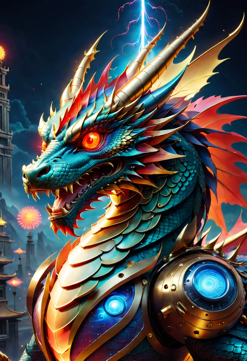 (3D,mechanical感,cute,ais-scrapyrd Chinese dragon,mechanical),Colorful neon lights,高科技mechanical部件,Metal body,Detailed Vibranium Flower Design,Vibrant colors,Dynamic glowing flowers,Reflective metal surface,Bright environment,Dynamic poses,Exquisite existence,Skills Improvement,互锁mechanical齿轮,Stylish design,motion blur effect,Detailed metal treatment,Sci-fi atmosphere,Streamlined aerodynamic shape,Laser scanning pattern,Holographic projection,LED light track,Beautiful and unforgettable,Advanced sensors,Complex algorithms,Ominous and mysterious atmosphere,Electric Spark,Shiny chrome,Propulsion systems of the future,(Best quality,8k,high resolution,masterpiece:1.2),Super detailed,(whole body:1.8)