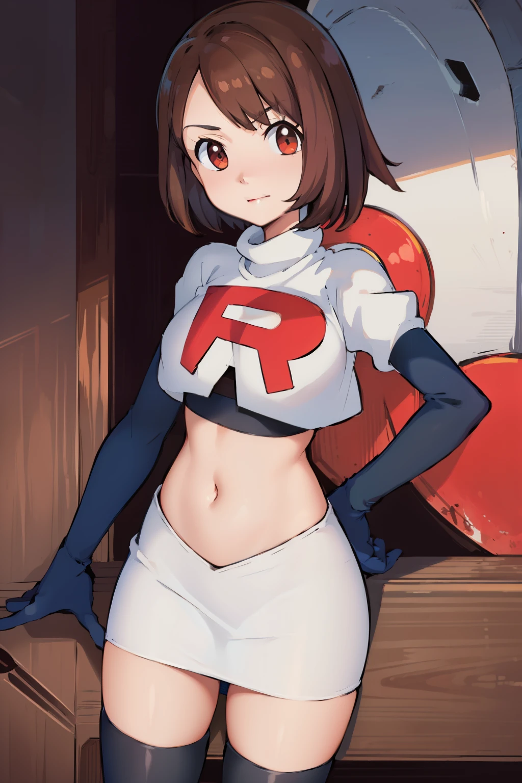 gloria \(pokemon\), cowboy shot, team rocket,team rocket uniform, red letter R, white skirt,white crop top,black thigh-highs,black elbow gloves