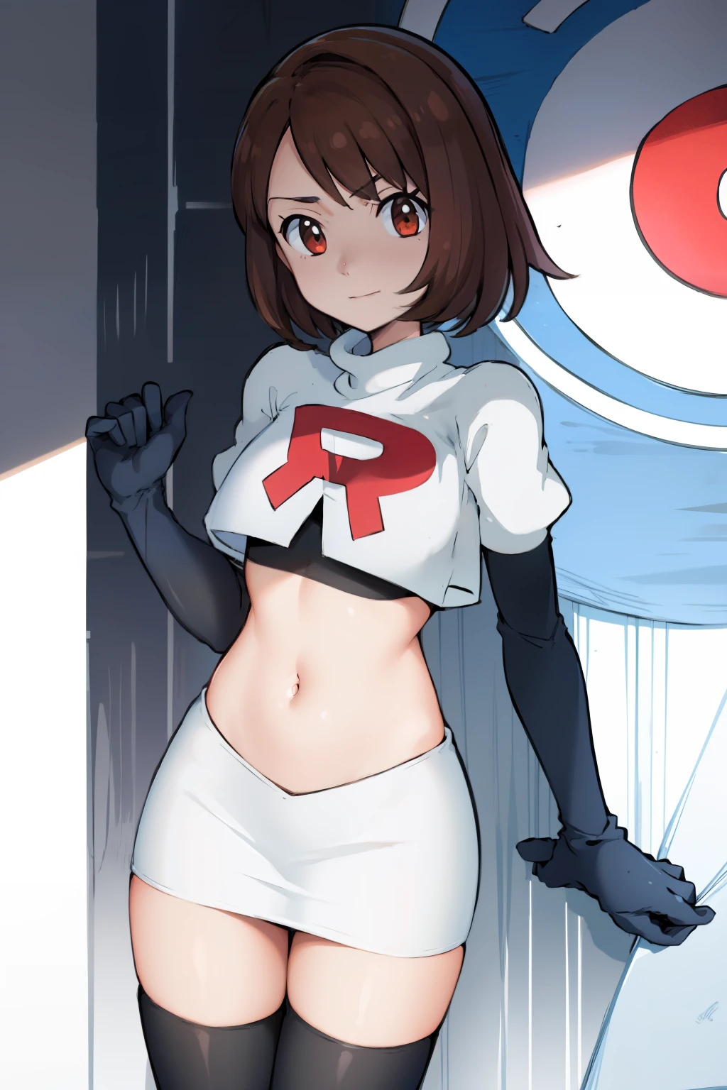 gloria \(pokemon\), cowboy shot, team rocket,team rocket uniform, red letter R, white skirt,white crop top,black thigh-highs,black elbow gloves