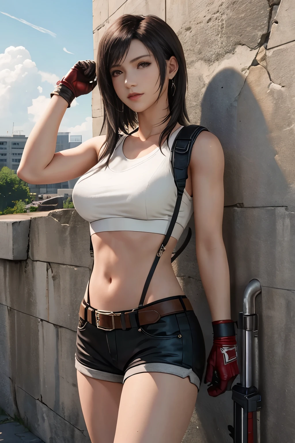 (​Masterpiece), (top quality), 8K resolution, Super detailed, Super detailed, realistic, photo, Photorealism, (1 girl), Tifa, final fantasy, Tifa·洛克哈特, Sunlight, Normal, cool-pose, cement wall,metal pipes,Details make your eyes red,Detailed double eyelids,Short hair, dark brown,slender figure,Model body shape,broken to piecesＢcup