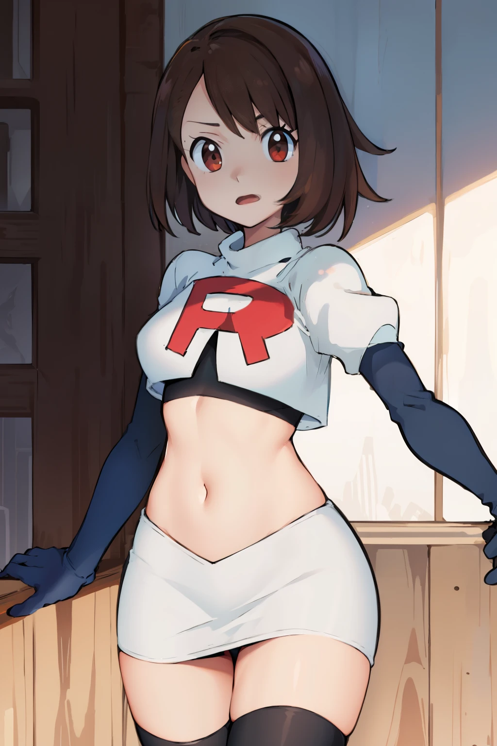 gloria \(pokemon\), cowboy shot, team rocket,team rocket uniform, red letter R, white skirt,white crop top,black thigh-highs,black elbow gloves