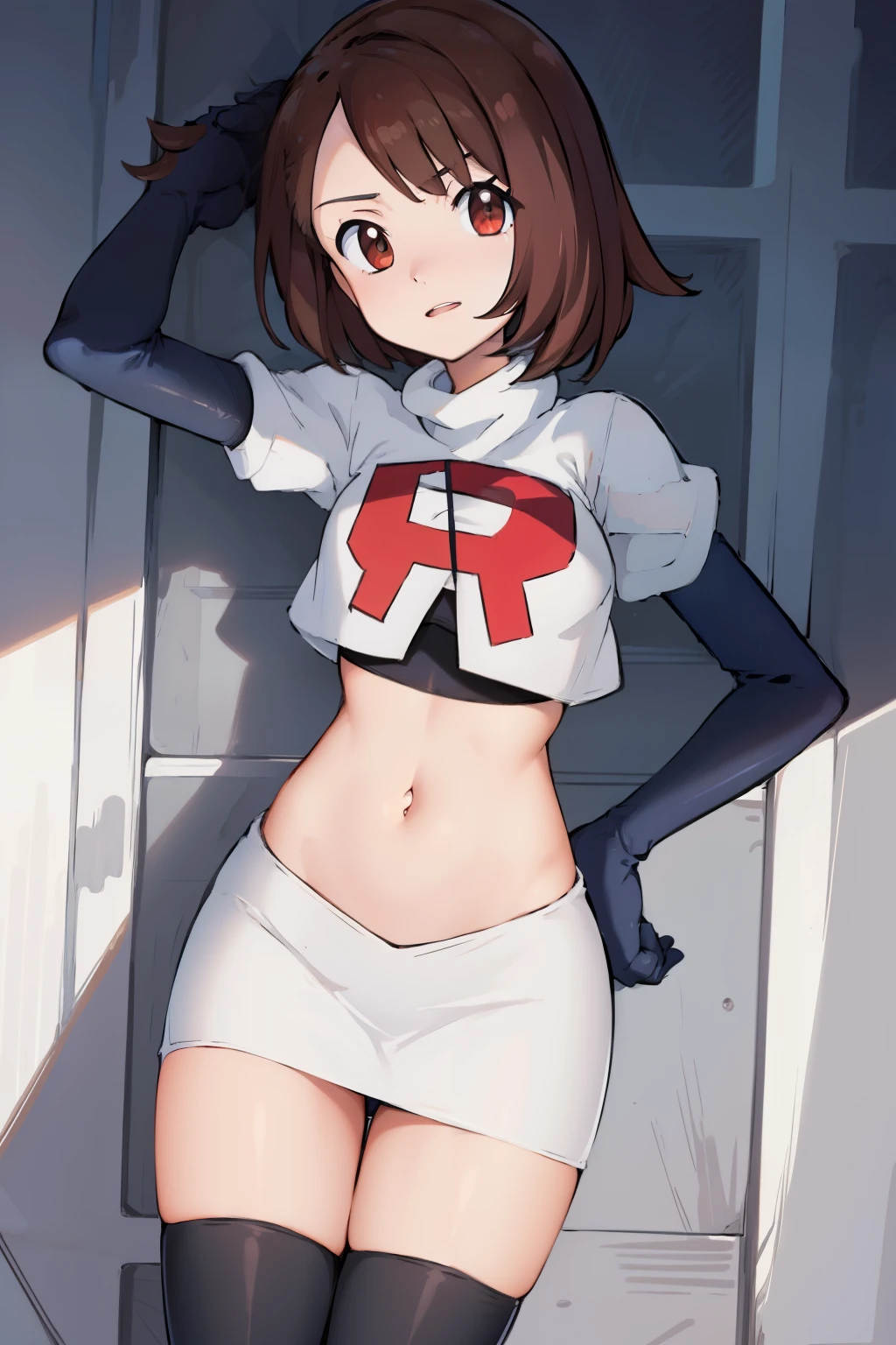 gloria \(pokemon\), cowboy shot, team rocket,team rocket uniform, red letter R, white skirt,white crop top,black thigh-highs,black elbow gloves