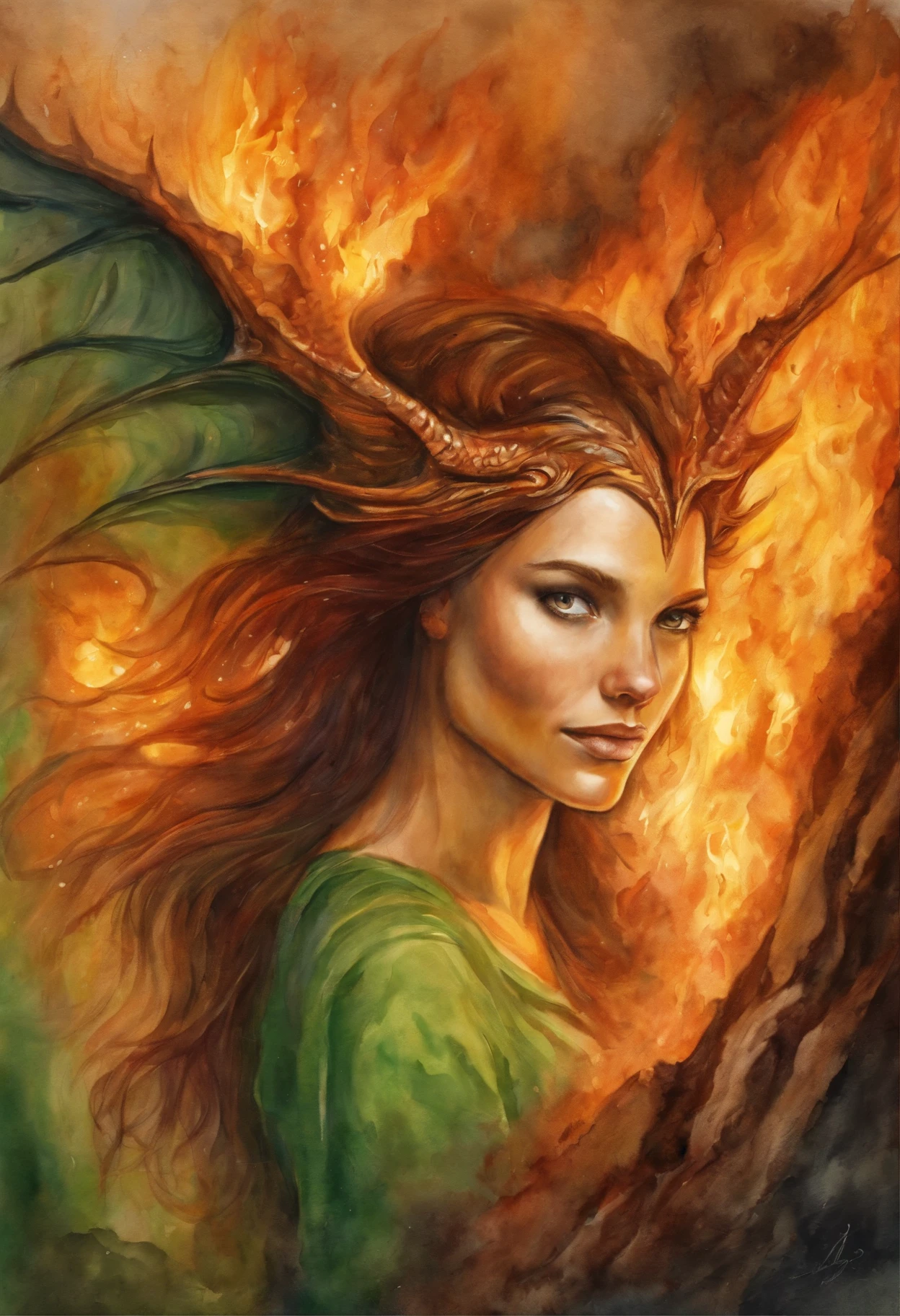 fire, cave, Fire Spirit, the Dragon, young woman, green-eyed girl, Brown hair, looks at the man on fire