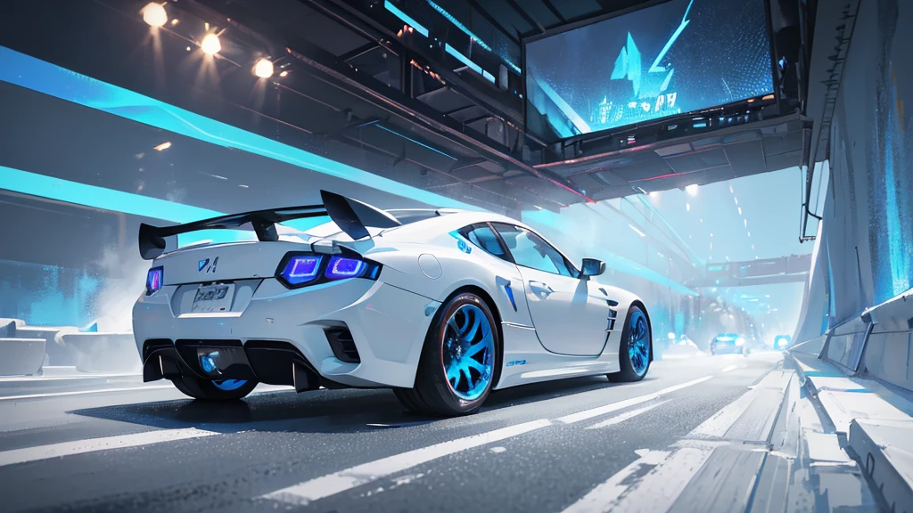 (white sports car, blue headlights, car racing, running on the highway), (cyberpunk, blue neon, blue smoke), (8k, extremaly detailed, lighting like a movie, lense flares)