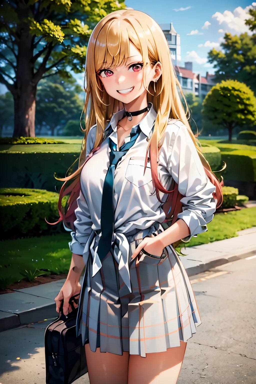 masterpiece, best quality, highres, kitagawa marin, 1girl, blonde hair, long hair, multicolored hair, red eyes, jewelry, earrings, piercing, school uniform, white shirt, tied shirt, black choker, blue necktie, plaid skirt, grin, smile, standing, cowboy shot, outdoors,