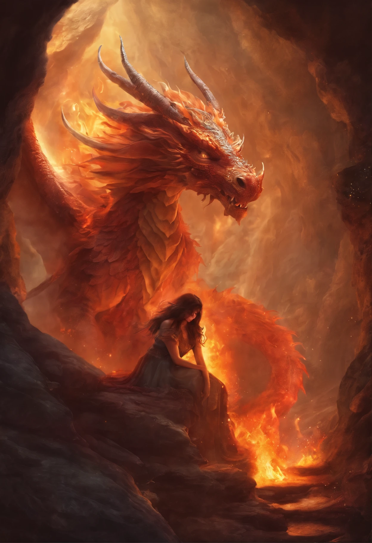 fire, cave, Fire Spirit, the Dragon, young woman