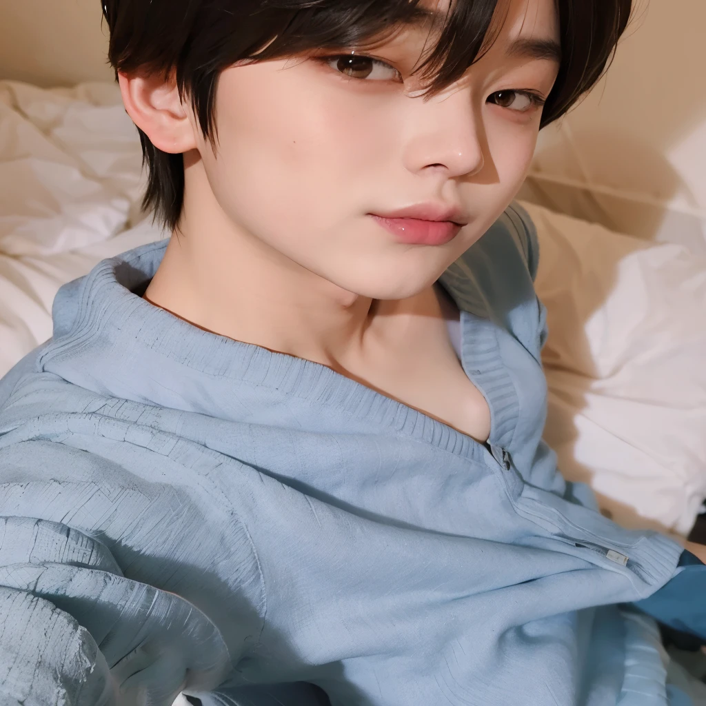 selfie of a cute asian korean young adult boy, Fleshy lips, ambar eyes, olhos puxados, cabelo preto liso, kim sunoo, sunoo do enhypen, sunoo, marked clavicle, sueter azul