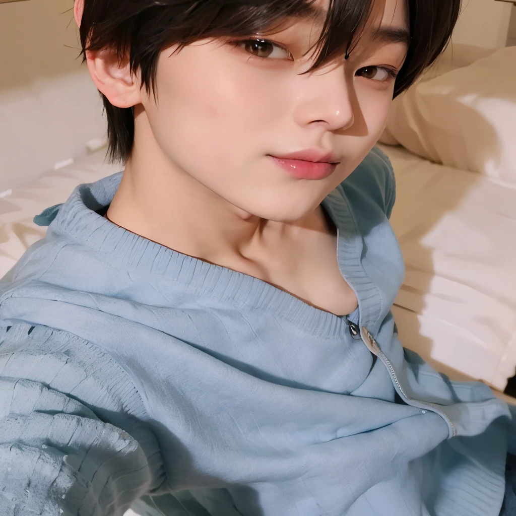 selfie of a cute asian korean young boy, Fleshy lips, ambar eyes, olhos puxados, cabelo preto liso, kim sunoo, sunoo do enhypen, sunoo, marked clavicle, sueter azul