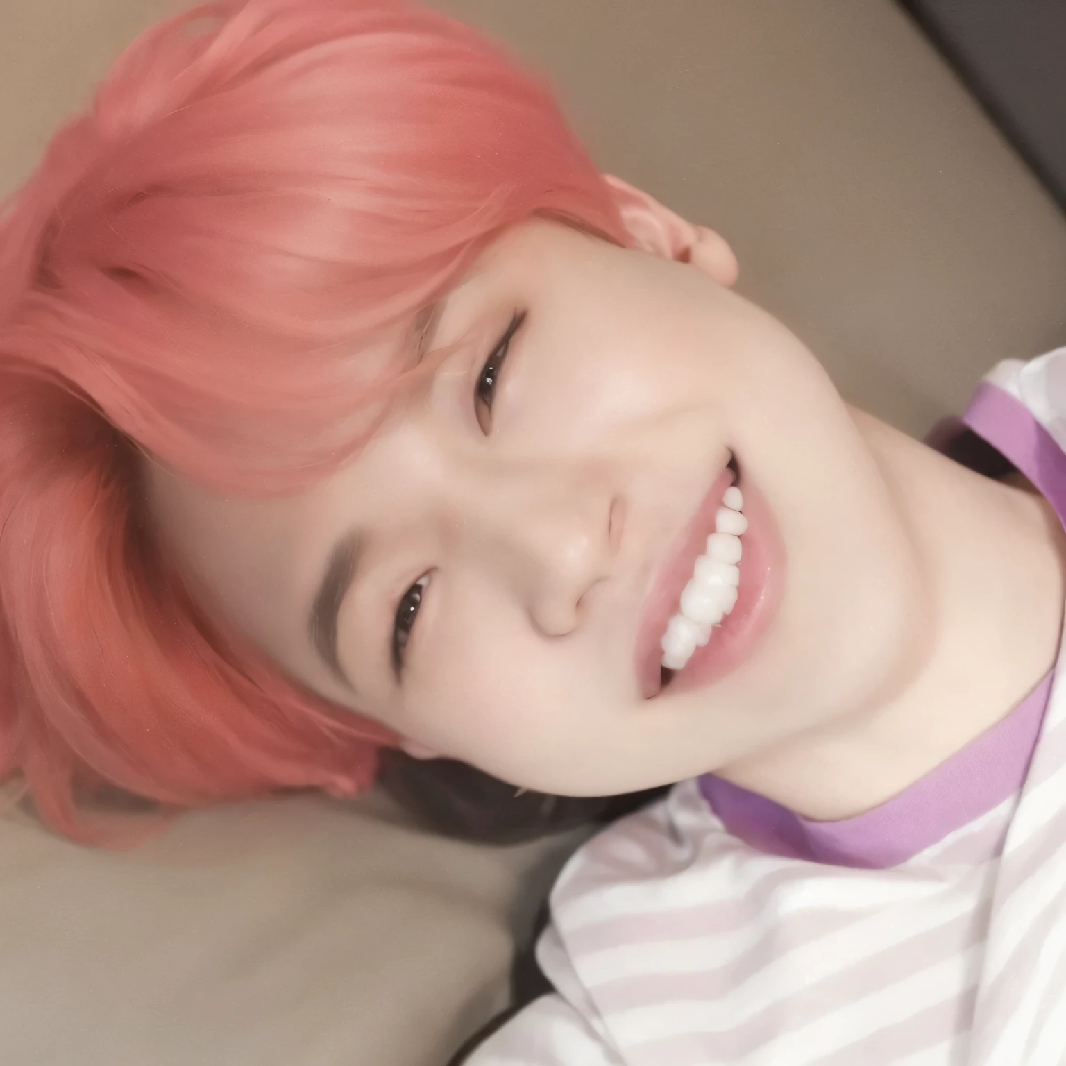arafed man com cabelo rosa smiling and wearing a striped shirt, Kim Doyoung, park Jimin, Jimin, Jimin\the full lips, Jimin\o nariz grego, accurate Jimin face, Jimin\the right eyelid is swollen, com cabelo rosa, Jung Jaehyun, hyung tae, taejune kim, he's smiling, shy smile, Jinyoung Shin