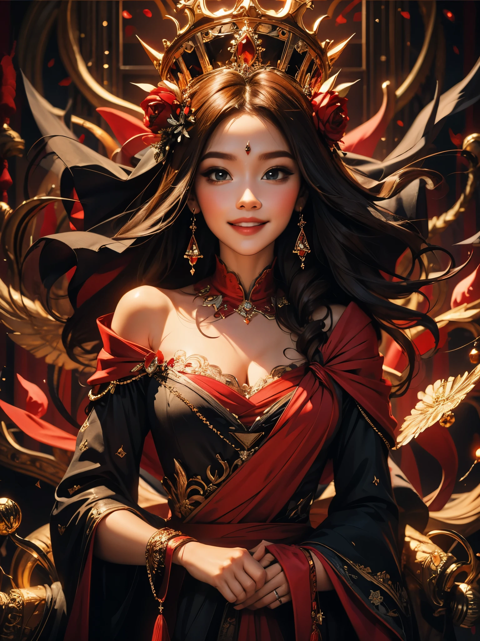official art, unity 8k wallpaper, ultra detailed, beautiful and aesthetic, High quality, beautiful, masterpiece, best quality, (zentangle, mandala, tangle, entangle:0.6), warm smile, twinkle, queen, red, red, red