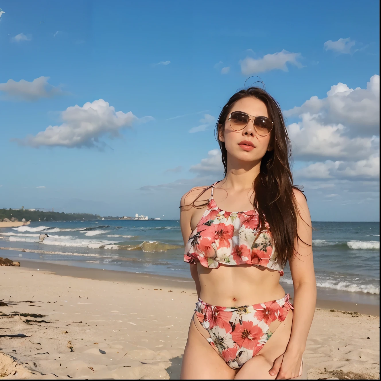 there is a woman in a bikini standing on the beach, wearing two piece swimsuit, posando em uma praia com o oceano, standing na praia, posando na praia, Mulher de 3 0 anos, mulher de 30 anos, na praia, foto da praia, standing near the beach, imagem de perfil, na praia, is wearing a swimsuit