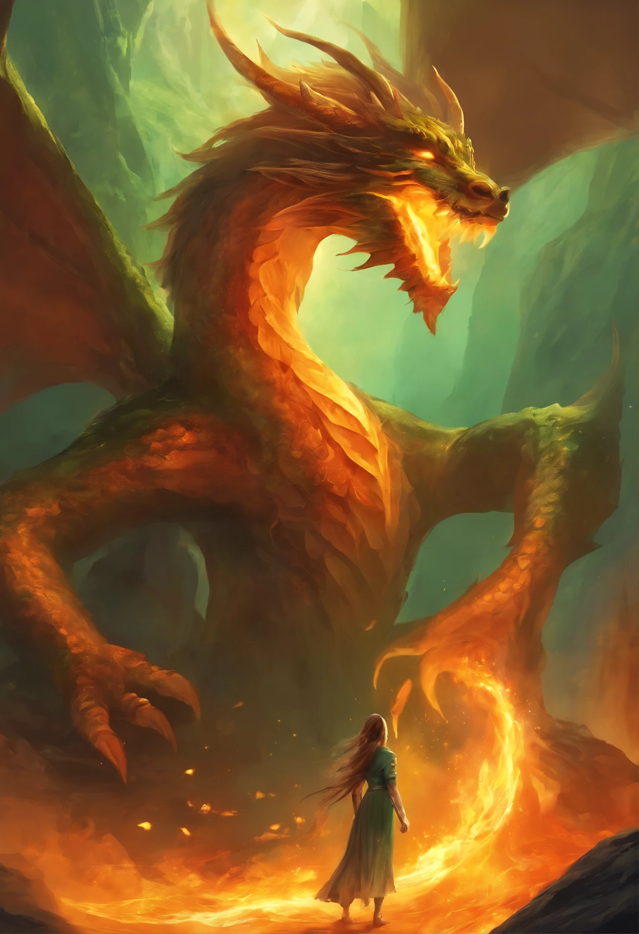 fire, cave, Fire Spirit, the Dragon, young woman, green-eyed girl, Brown hair, looks at the man on fire