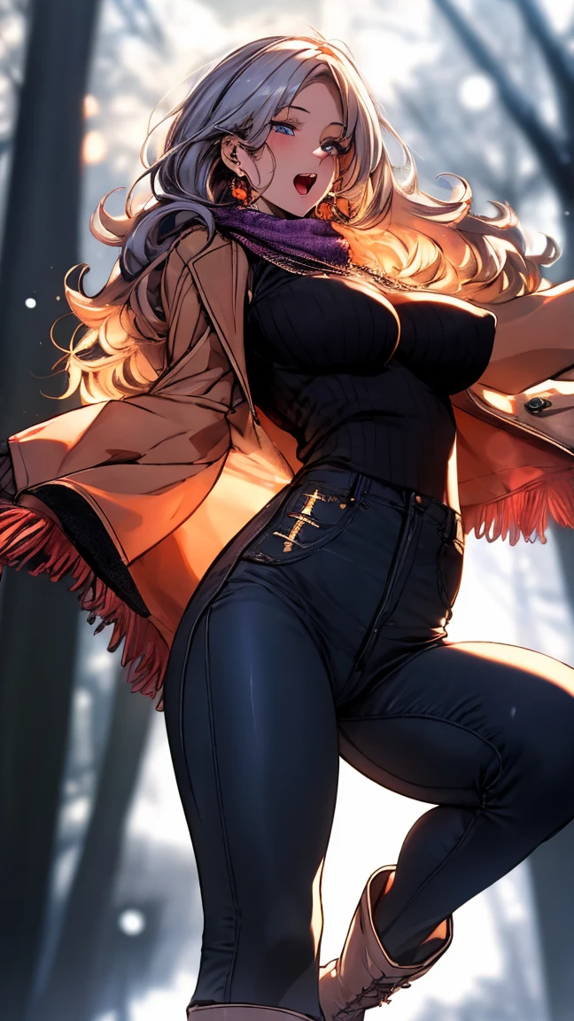 (masterpiece, best quality:1.2), (high resolution, 8K RAW photo, photo realistics, clear focus, thin outline:1.3), (natural lighting, textile shading), snap, pov, ((solo:1.37)), (1 matured woman, 24 years old, raised sexy), ((milf:1.5)), ((nfsw:0.8, fuge breast:1.3, sagging breast, big tits, breast cleavage, harass sexually, in heat:0.2)), ((Bright beautiful eyes with highlight:1.3, fine detailed eyes, high detailed pupils)), beautiful girl wearing winter outfits:1.5, ((cute girl playing around in the falling snow:1.5, dancing, stepping, with fluttering:1.2, turnning, spinning, spreading legs, opening arms widely, fluttering hair)), ((winter outfits, wearing light orange winter coat:1.2, winded winter coat, cable knit sweaters, skinny denim:1.5, knit scarfs around neck, tihg_length long boots1.1)), your body decorated with fallen snow, in the snow, (looking at viewers, with seductitve smiling, half-closing eyes), ((little opening mouth:1.37)), silver based purple meshed hair, medium long hair, hair over one eye, asymmetric hair, side rock, blue eyes, (Luxury detailed accessories, necklace, earrings, Bracelets), bokeh, dutch angle, close-up face:1.3, full body:1.5, ankle focus, ((from below:1.5)), ((full bodiEsbian, correct anatomy:1.6, perfect anatomy:1.3, ideal ratio of body proportions, correct hand:1.5, small hands)), outdoors, in a snowy forest, snow covered ground, trees decorated with snow, floating snowflakes,