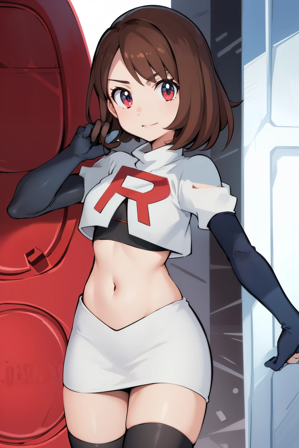 gloria \(pokemon\), cowboy shot, team rocket,team rocket uniform, red letter R, white skirt,white crop top,black thigh-highs,black elbow gloves