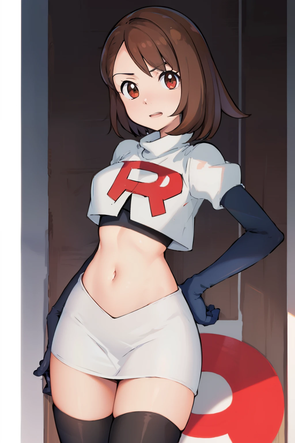 gloria \(pokemon\), cowboy shot, team rocket,team rocket uniform, red letter R, white skirt,white crop top,black thigh-highs,black elbow gloves