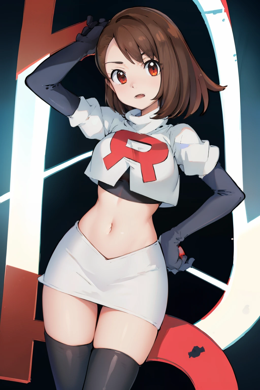 gloria \(pokemon\), cowboy shot, team rocket,team rocket uniform, red letter R, white skirt,white crop top,black thigh-highs,black elbow gloves