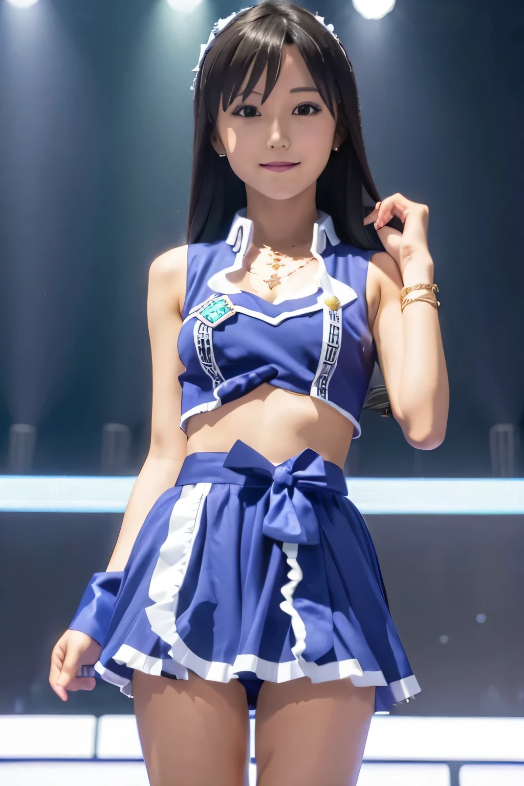 (((pixel perfect, Perfection with attention to detail))), alone, 1 girl, Chihaya Kisaragi, stage, Idol, bare shoulders, necklace, looking at the viewer, :d, smile, break, (small breasts:1.3)