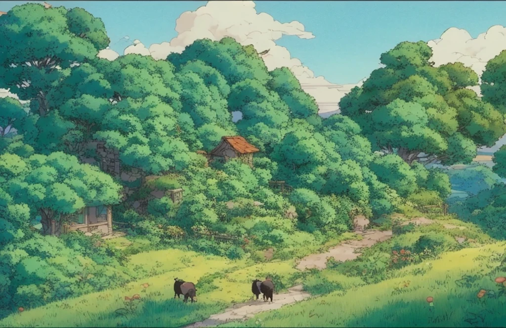 Anime scene of a house on a hill with cows grazing in the foreground, studio ghibli environment, studio ghibli art style, studio ghibli smooth concept art, style of studio ghibli, by Miyazaki, studio ghibli landscape, Ghibrimebius, スタジオghibli art style, Studio Ghibli concept art, Greg Rutkowski Studio Ghibli, ghibli art style, Studio Ghibli composition