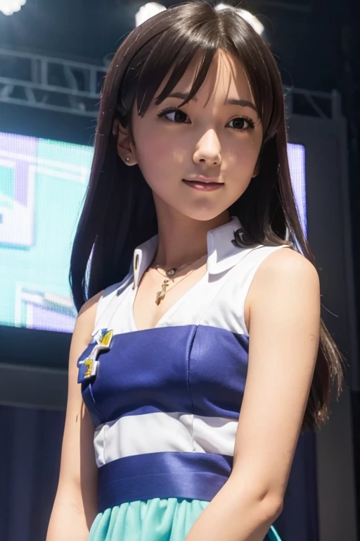 (((pixel perfect, Perfection with attention to detail))), alone, 1 girl, Chihaya Kisaragi, stage, Idol, bare shoulders, necklace, looking at the viewer, :d, smile, BREAK, (small breasts:1.4)
