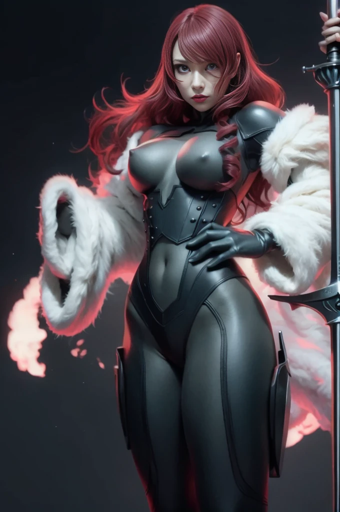 a woman with red lipstick has armor on and is holding a sword, kirijou mitsuru, 1girl, solo, hair over one eye, long hair, (((red hair))), (((red eyes))), weapon, rapier, sword, bodysuit, black bodysuit, grey bodysuit, hand on hip, (((large breasts))), simple background, white background, (purple theme:1.2)
