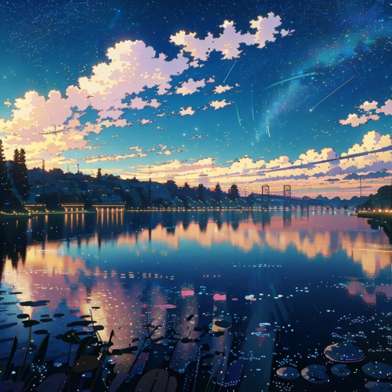 High-quality masterpieces, 4K，8K，landscape, cloud, Anime train passing through a body of water on distant tracks, Bright starry sky. traveller, Romantic Lights, pixiv, concept art, lofi art style, reflection. makoto shinkai, Roffey Art, beautiful anime scene, アニメのlandscape, It's like a movie，詳細なlandscape — 幅 672, makoto shinkai's style, makoto shinkai's style, Enhanced details.  