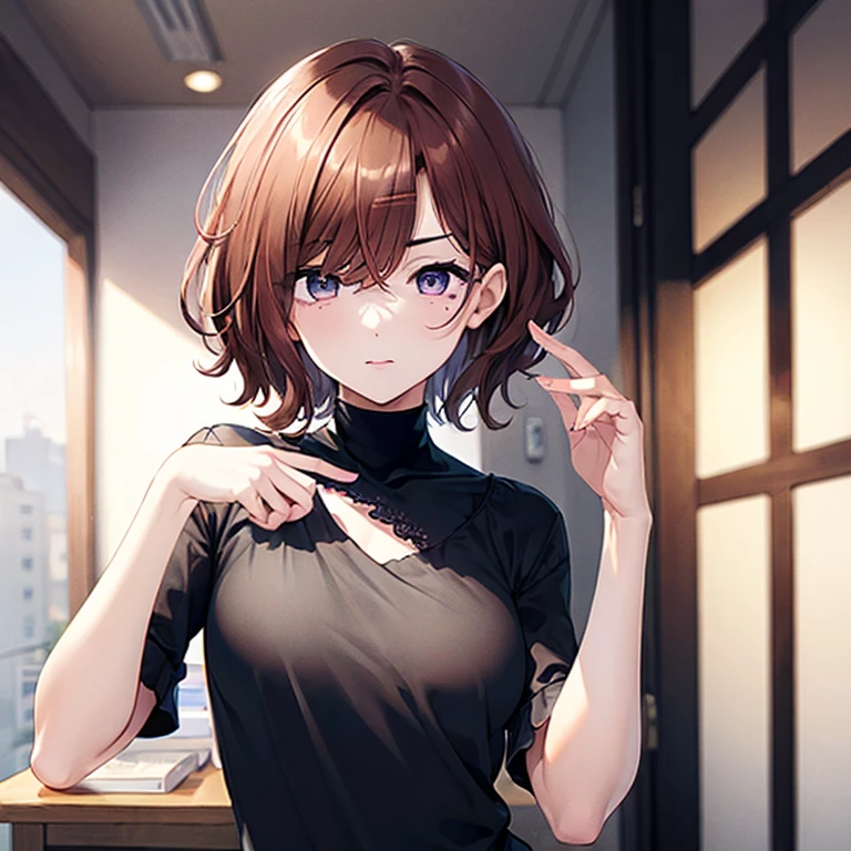 ultradetail(eye:1.7),highest quality、office、small breasts、Proportioned proportions、shy face、long shirt、seductive pose、show panties、I can see your chest