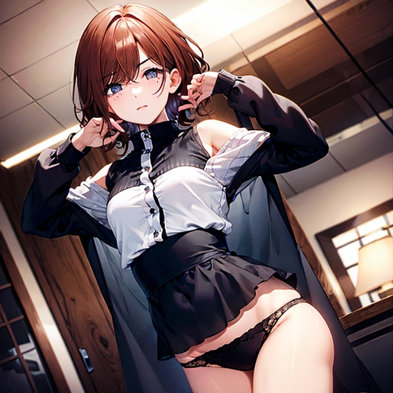 ultradetail(eye:1.7),highest quality、office、small breasts、Proportioned proportions、shy face、long shirt、seductive pose、show panties、I can see your chest