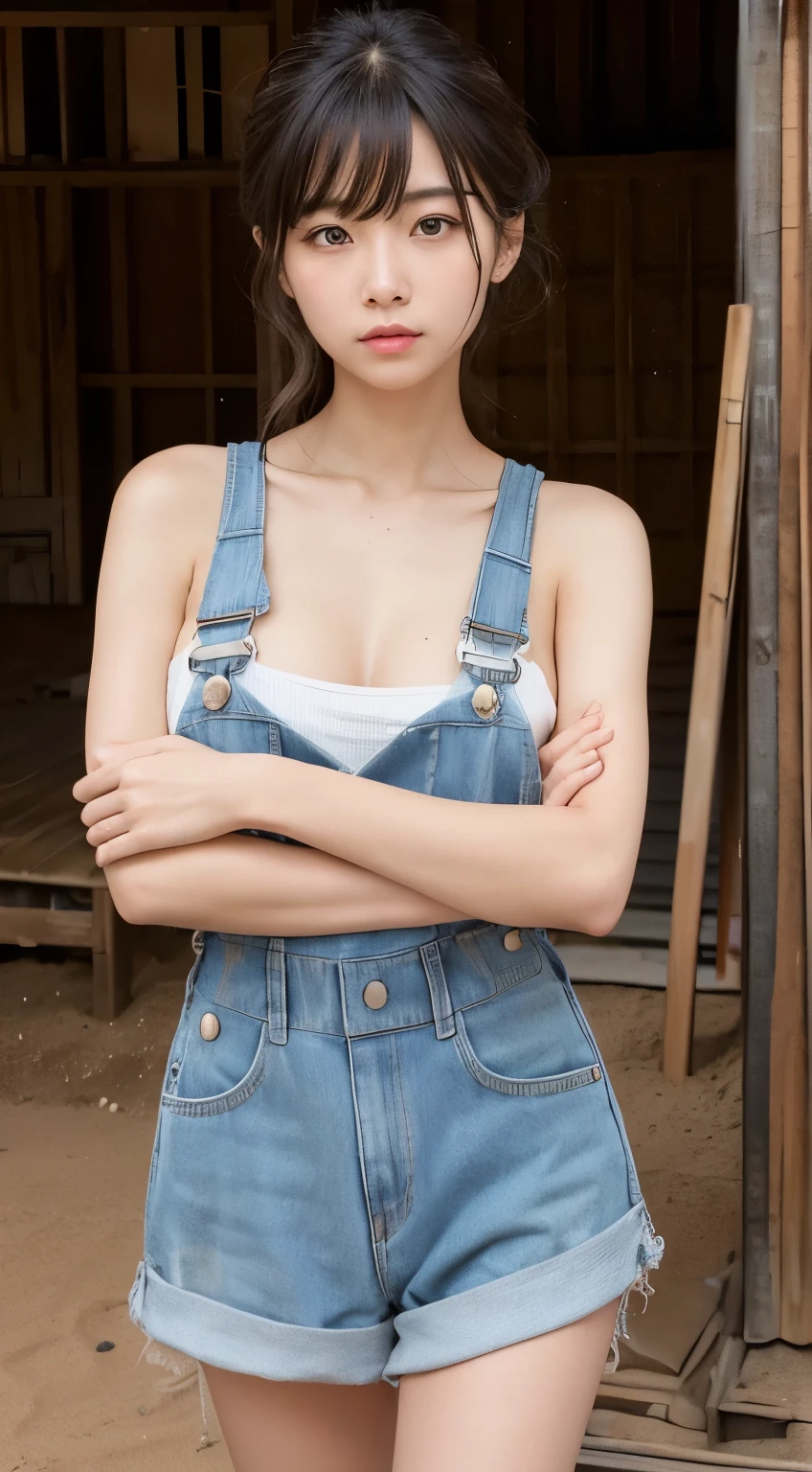 {{NSFW}},((highest quality、In 8K、master piece:1.1))、fisheye lens 、1 woman、japanese woman、Cute 20 year old woman、Cute round face、delicate and beautiful skin、human-like skin、realistic skin feel、複雑な色hair of、complicated hairstyle、gloss々hair of、Tie your hair to the side、、Forehead、two block、Sheared hair、ear length hair、Put out both ears、Looking at the camera、look at camera、raise your chin slightly、double round big eyes、super delicate eyes、super detailed face、high detailed lips、thick lips、Emphasize the face、cool woman、strong woman、Above the chest、Slender body,covered erect nipples,shiny skin,Take a full body photo、feminine toned body、Wild Lady、desert、荒れた荒野に立つWild Lady、military clothing、dirty with dirt or sand、the wind is strong、Hair disheveled by the wind、tanned skin、Wheat-colored healthy skin、Military Shirts、迷彩柄のoveralls、overalls、face is dirty with dirt、The gesture of wiping a dirty face with one&#39;s arm、A woman standing on a road in the wilderness、The body is facing forward、Stand in front of a classic car、standing in front of a Harley-Davidson、