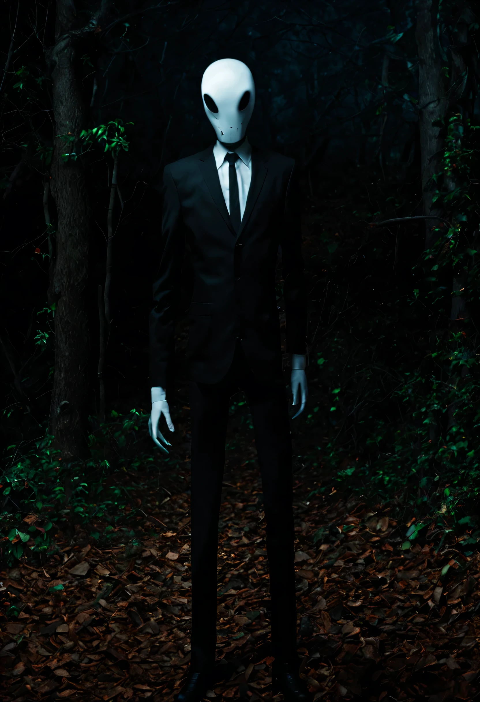 A clown with long hands and a white suit with black stripes in the middle of the darkness and fog 