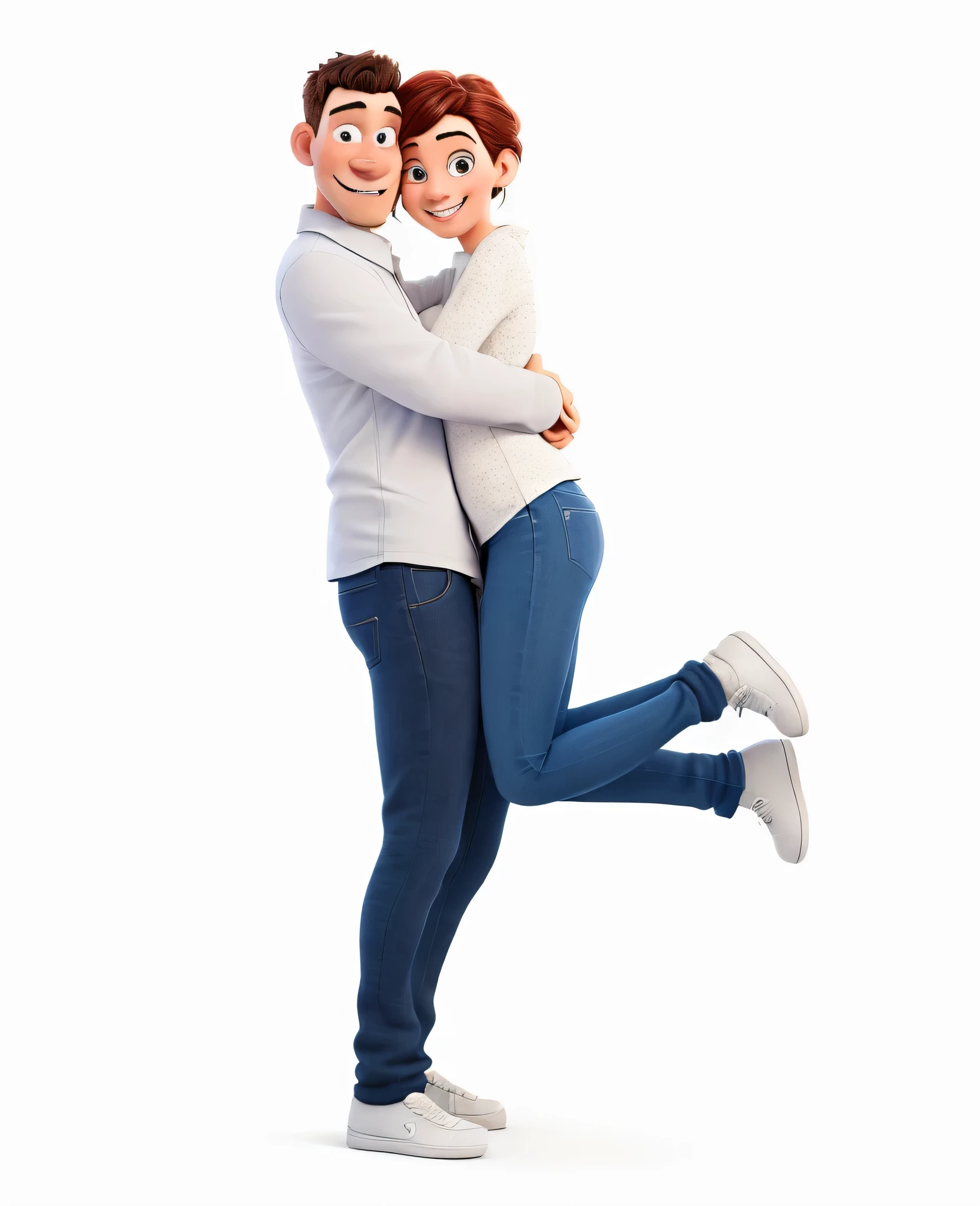 couple hugging sideways, she is hanging on it, sorridentes, lots of details without construction errors, estilo desenho pixar, caricatura, desenho colorido, ultra definition in 8k, fundo branco.