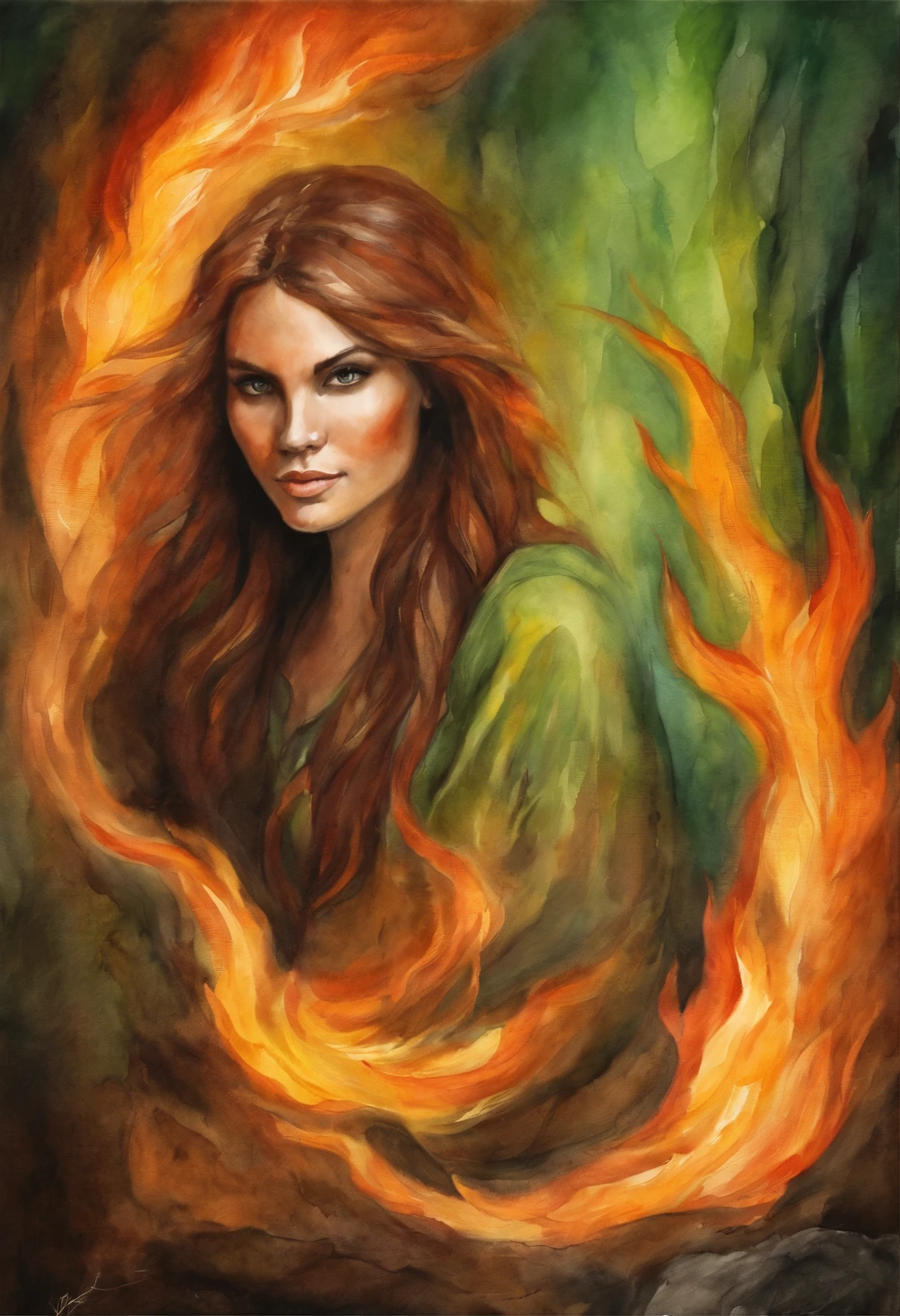 fire, cave, Fire Spirit, the Dragon, young woman, green-eyed girl, Brown hair, looks at the man on fire