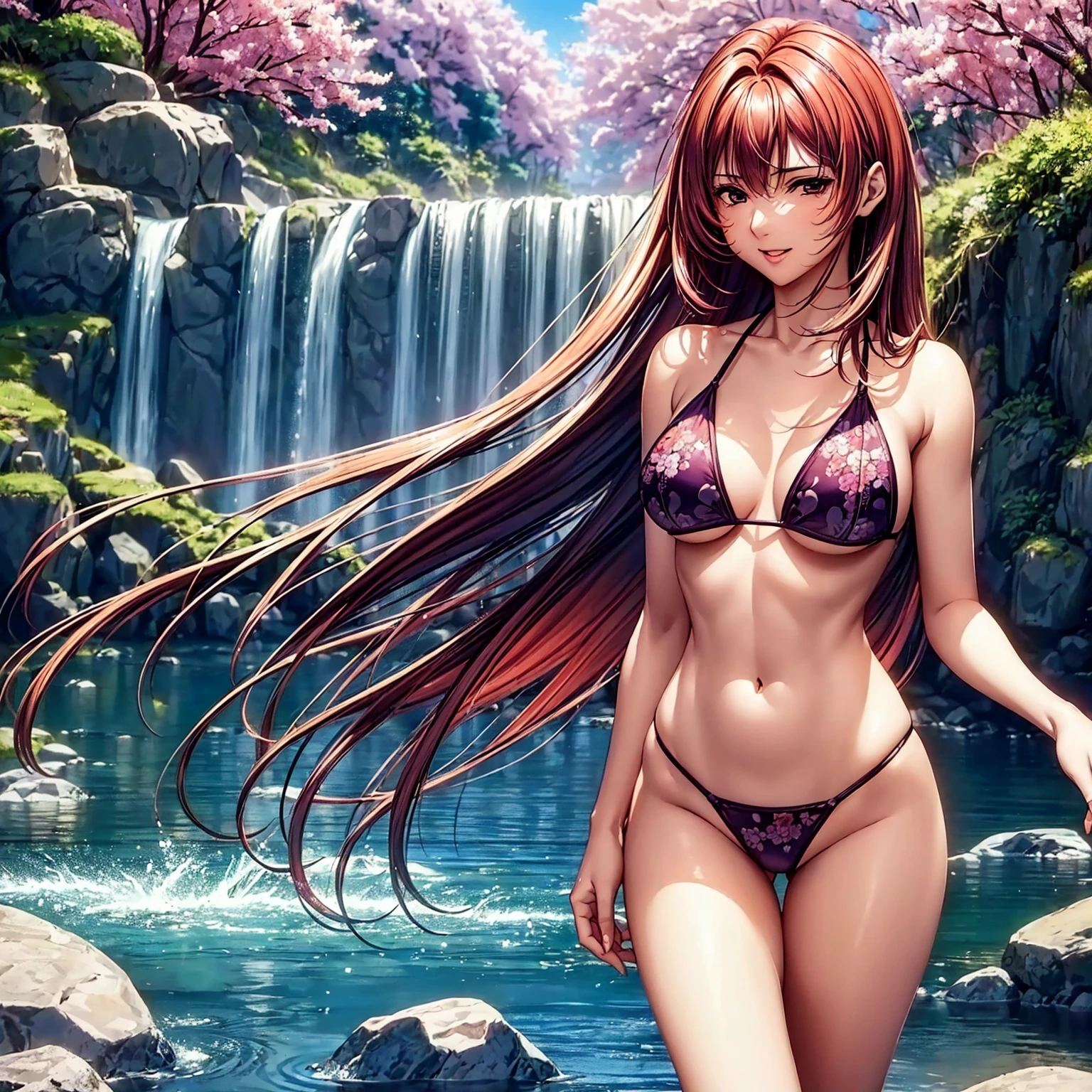 (((highest quality、masterpiece、very high resolution、highly detailed images、detailed details)))、(A woman of perfect and ultimate beauty:18-year-old, beautiful body、beautiful face、beautiful hair,bright smile)、(Slender and beautiful body, best skin and hair texture,red hair,purple hair,brown hair)、((beautiful bikini:Colorful with floral patterns,shoulders are exposed,I can see my thighs)),(Fantastic waterside,There is a waterfall,Night cherry blossoms and lanterns,mysterious night sky,natural light,beautiful scenery,beautiful scenery),(water play,beautiful pose,model shoot,Hair flutters under the influence of the wind),bijinga,realistic portrait,Overall image、accurate image、accurate anatomy、Image without defects,(best shot,RAW photo:1.2)