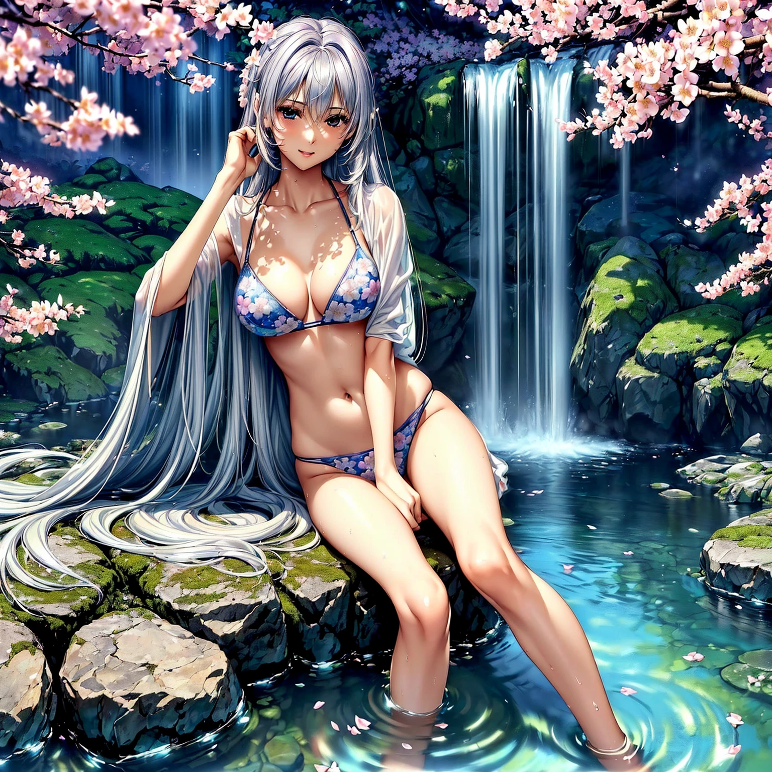 (((highest quality、masterpiece、very high resolution、highly detailed images、detailed details)))、(A woman of perfect and ultimate beauty:18-year-old, beautiful body、beautiful face、beautiful hair,bright smile)、(Slender and beautiful body, best skin and hair texture,silver hair)、((beautiful bikini:Colorful with floral patterns,shoulders are exposed,I can see my thighs)),(Fantastic waterside,There is a waterfall,Night cherry blossoms and lanterns,mysterious night sky,natural light,beautiful scenery,beautiful scenery),(water play,beautiful pose,model shoot,Hair flutters under the influence of the wind),bijinga,realistic portrait,Overall image、accurate image、accurate anatomy、Image without defects,(best shot,RAW photo:1.2)