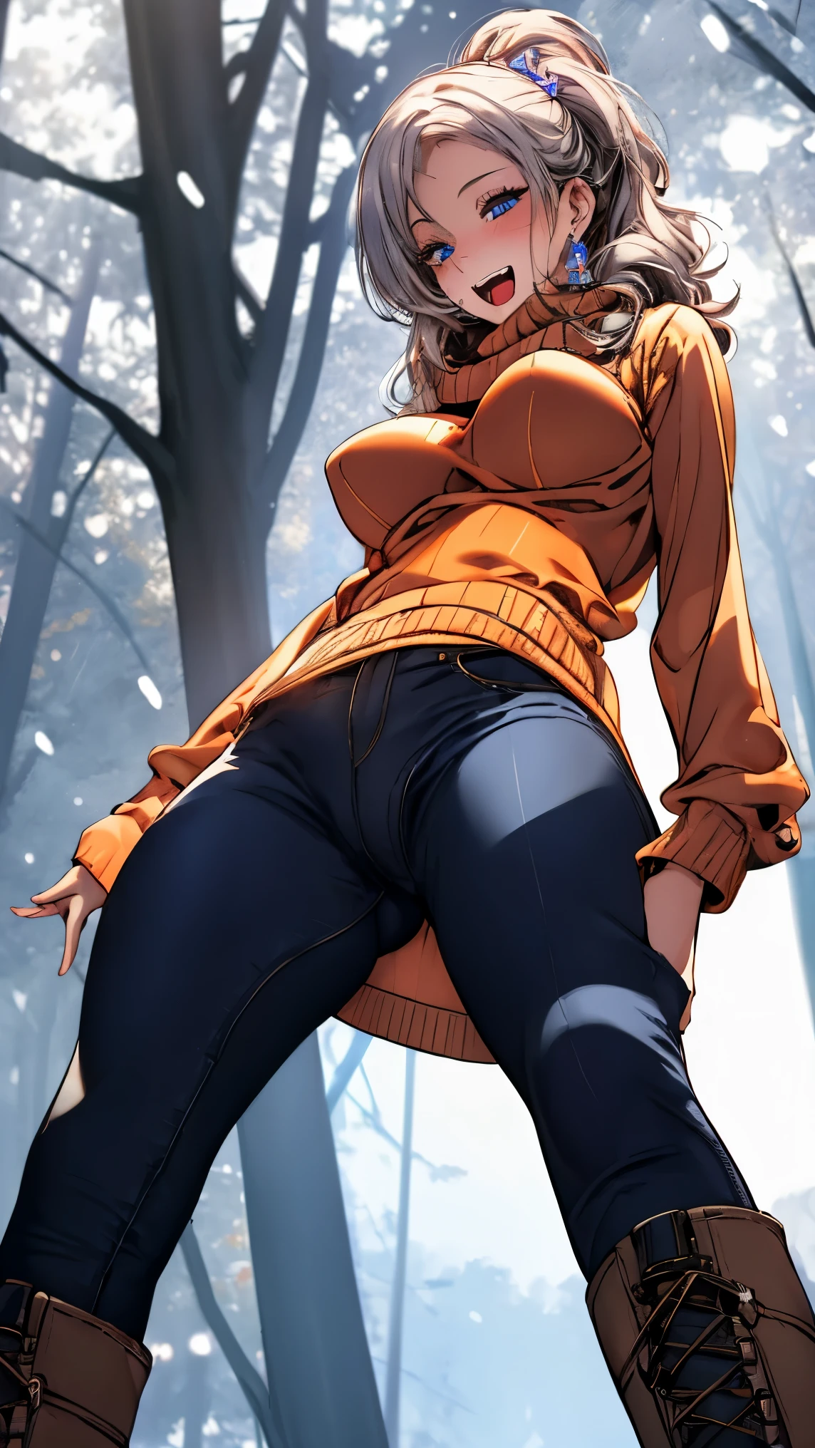 (masterpiece, best quality:1.2), (high resolution, 8K RAW photo, photo realistics, clear focus, thin outline:1.3), (natural lighting, textile shading), snap, pov, ((solo:1.37)), (1 matured woman, 24 years old, raised sexy), ((milf:1.5)), ((nfsw:0.8, fuge breast:1.3, sagging breast, big tits, breast cleavage, harass sexually, in heat:0.2)), ((Bright beautiful eyes with highlight:1.3, fine detailed eyes, high detailed pupils)), beautiful girl wearing winter outfits:1.5, ((cute girl playing around in the falling snow:1.5, dancing, stepping, with fluttering:1.2, turnning, spinning, spreading legs, opening arms widely, fluttering hair)), ((winter outfits, wearing light orange winter coat:1.2, winded winter coat, cable knit sweaters, skinny denim:1.5, knit scarfs around neck, tihg_length long boots1.1)), your body decorated with fallen snow, in the snow, (looking at viewers, with seductitve smiling, half-closing eyes), ((little opening mouth:1.37)), silver based purple meshed hair, medium long hair, hair over one eye, asymmetric hair, side rock, blue eyes, (Luxury detailed accessories, necklace, earrings, Bracelets), bokeh, dynamic angle, close-up face:1.3, full body:1.7, ankle focus, ((from below:1.3)), ((full bodiEsbian, correct anatomy:1.6, perfect anatomy:1.3, ideal ratio of body proportions, correct hand:1.5, small hands)), outdoors, in a snowy forest, snow covered ground, trees decorated with snow, floating snowflakes,