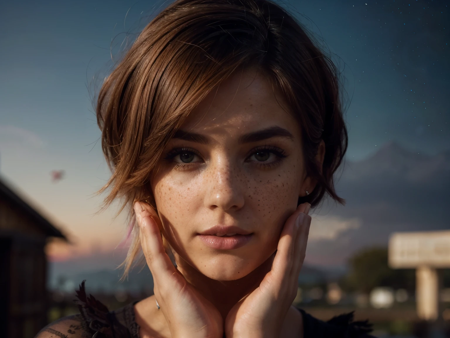 photo of beautiful 26 y.o woman, 4k uhd, high quality, dramatic, cinematic, (short pixie (ombre hair:1.2)), (freckles:1.2), imaginary floral patterns, mist of fragrance, noticeable, the bird seed in her hands, growing into birds, giants shelter her body, intricate ornate structures, cumulus float around her, radiating, the night sky, deep dark shadows, hide new seasons, the woman is aware and watching us