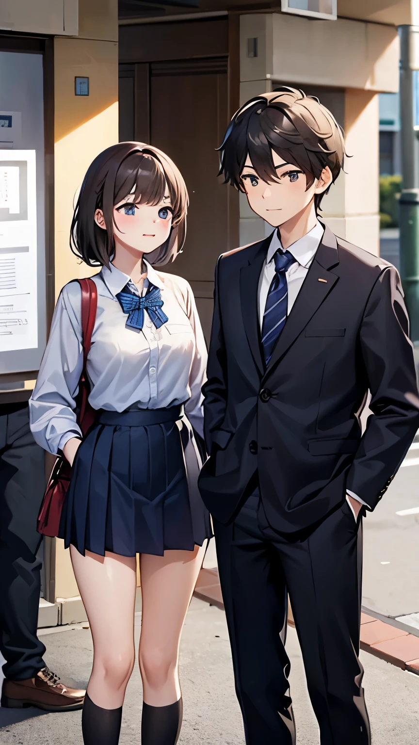 A male and female student couple、standing in line wearing school uniforms