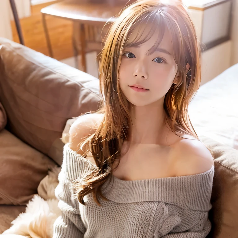 （Wearing a light gray off-shoulder knit）、